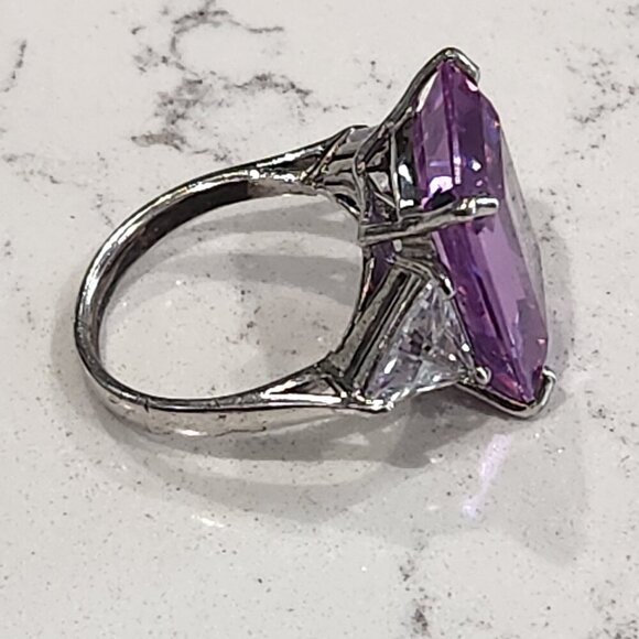 Sterling Silver Emerald-cut Amethyst & White Gemstone Ring - Picture 2 of 5